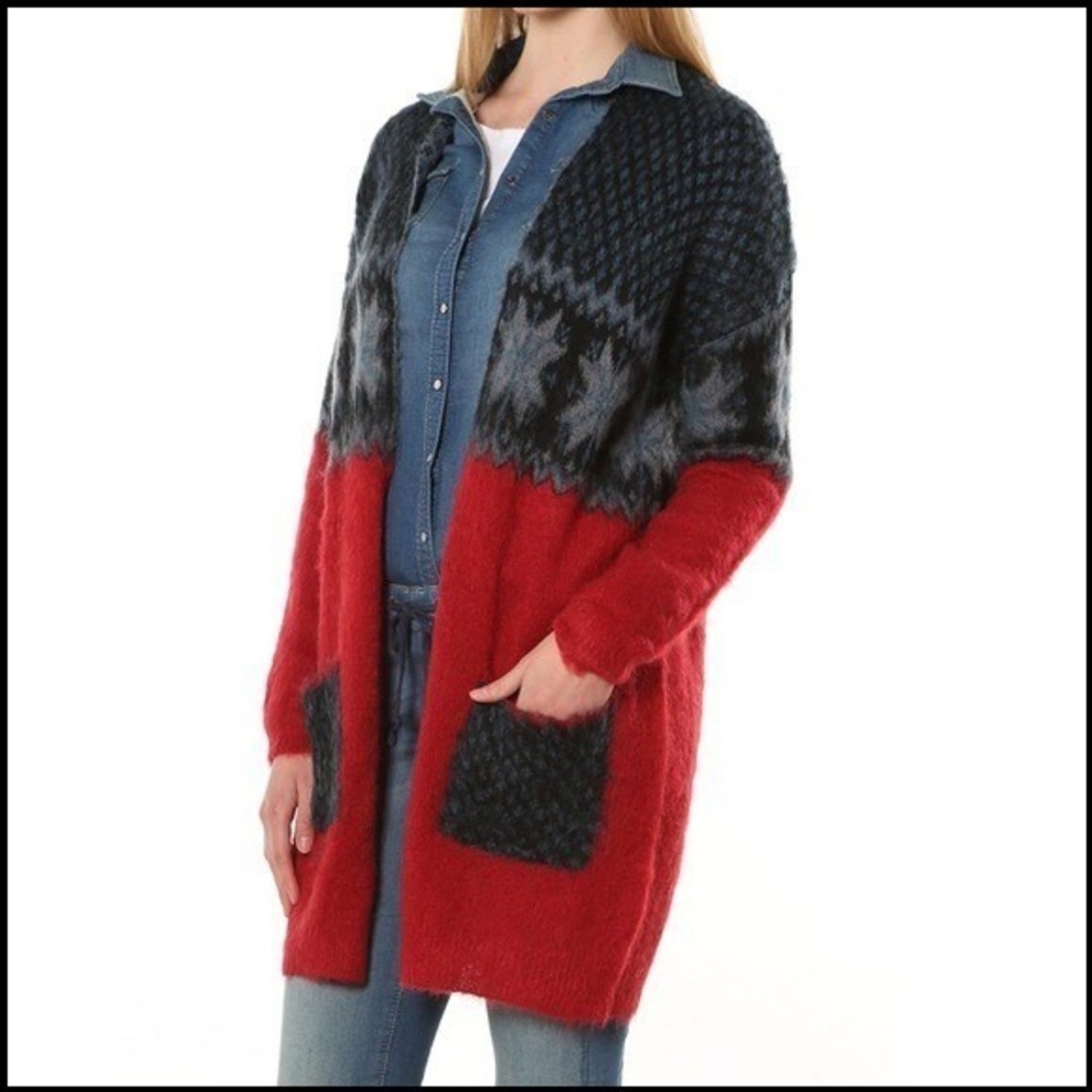 Kerisma Fair Isle Mohair Wool Cardigan Sweater M/L Red Blue Nordic Long Open Ski